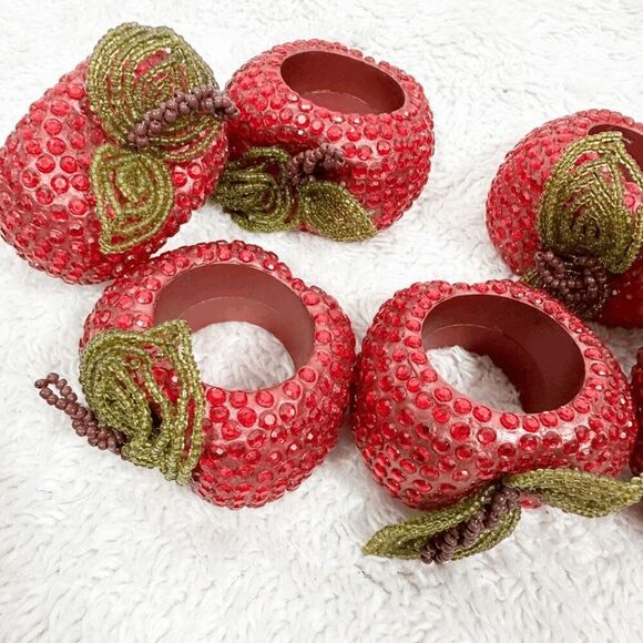 Set of 6 Bejeweled Apple Napkin Rings Kitchen Table Decor Beaded Summer Fall - Picture 2 of 10